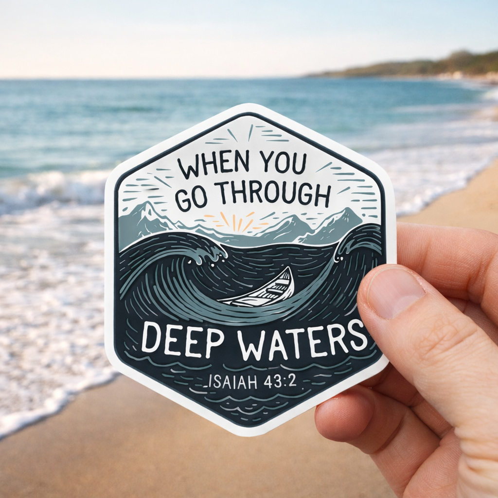 When You Go Through Deep Waters" Isaiah 43:2 Christian Sticker
